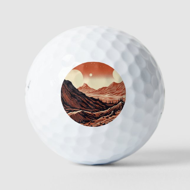 SF Martian Landscape Woodcut (4) Golf Balls (Front)