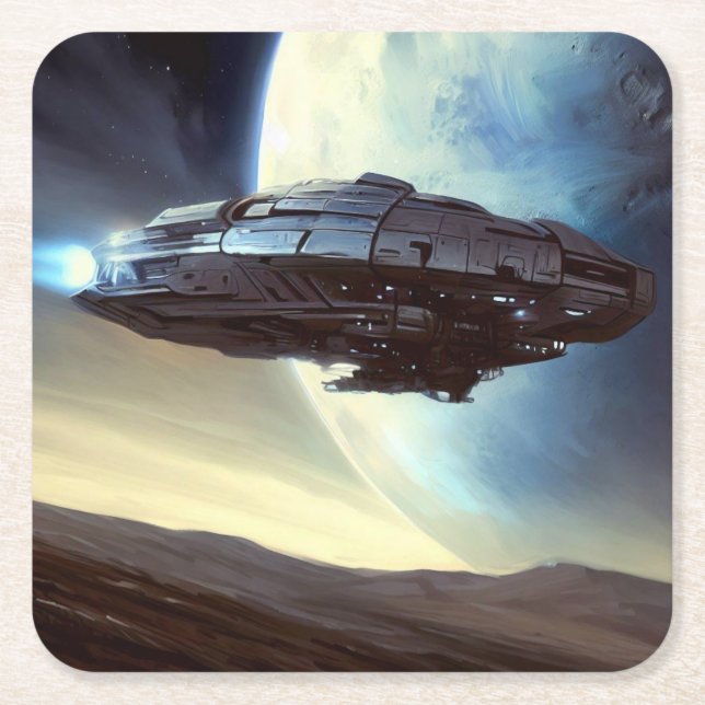 SF Orbiting Spaceship 2 Square Paper Coaster (Front)