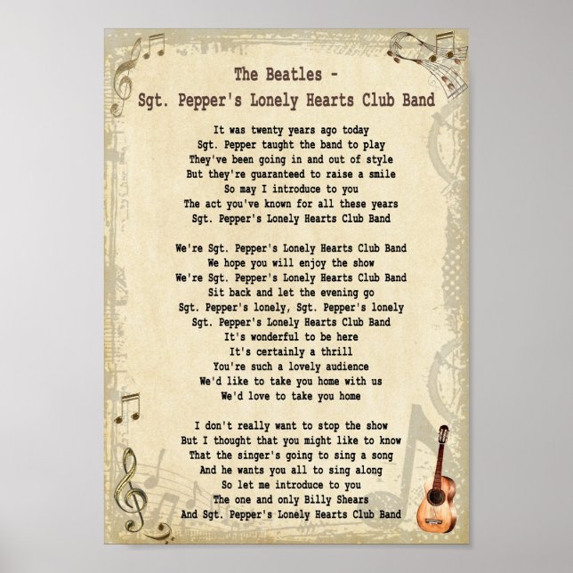 Sgt Pepper's Lonely Hearts Club Band Song Lyric Poster (Front)