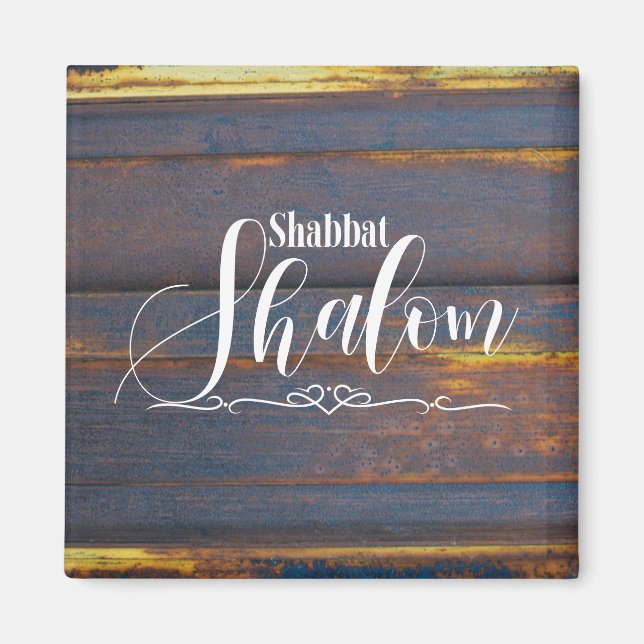 Shabbat Shalom Blue Gold Wooden Weathered Wood Magnet (Front)