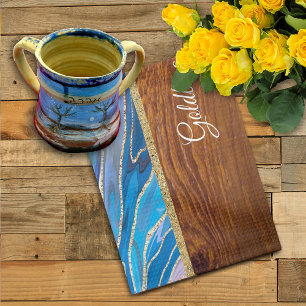 Shabbat Shalom Blue Marble on Wood Effect Tea Towel