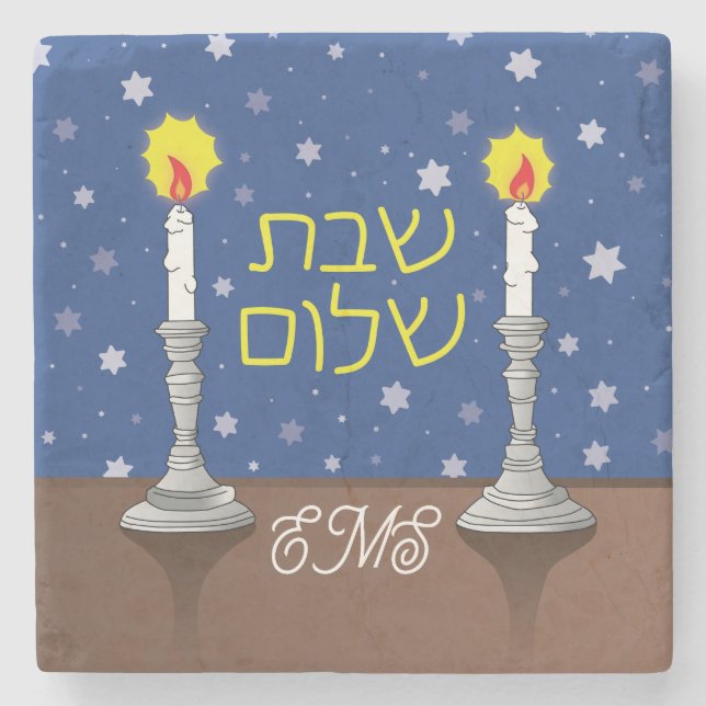 Shabbat Shalom Candles with Stars Stone Coaster (Front)