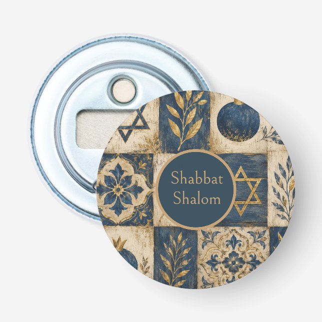 Shabbat Shalom Circular Button Patch, Blue Gold  Bottle Opener (Front)