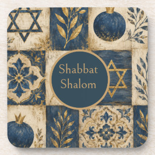Shabbat Shalom Coaster, Navy Blue Gold Judaica, Coaster