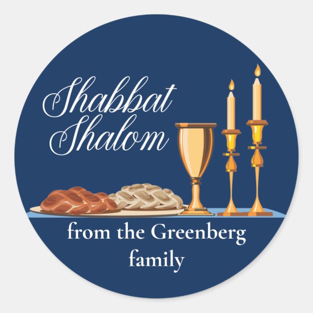 Shabbat Shalom Custom Blue Sabbath Dinner Classic Round Sticker (Front)