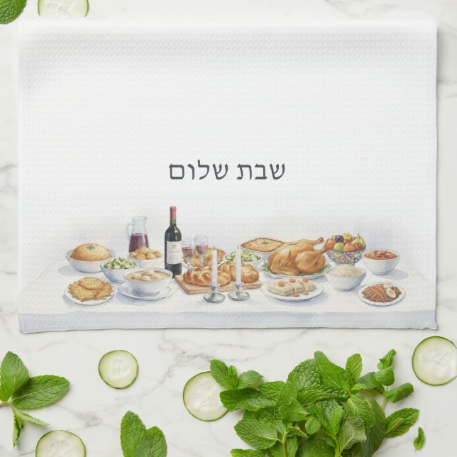 Shabbat Shalom Friday Night Dinner Jewish Food Tea Towel (Folded)
