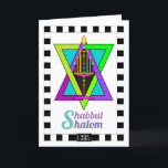 Shabbat Shalom greeting card<br><div class="desc">This extremely colorful and lit menorah proudly sit atop a quite colorful Star of David and carries the joyful Shabbat Shalom message.  Interior card is coordinated,  bordered and has date area,  all for your writing pleasure.  Shabbat Shalom!  ~ karyn</div>