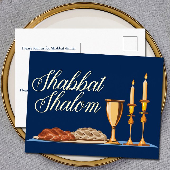 Shabbat Shalom Jewish Dinner Navy Blue Gold Foil Holiday Postcard (Creator Uploaded)