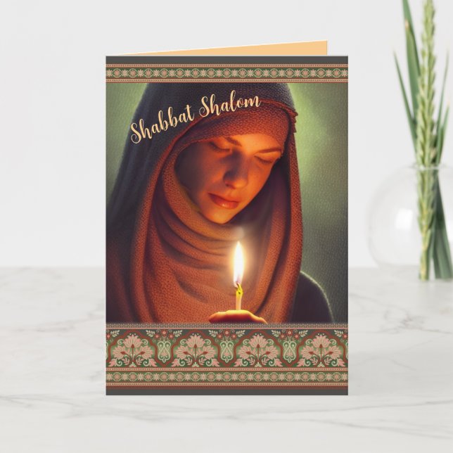 Shabbat Shalom Jewish Woman Candle Card (Front)