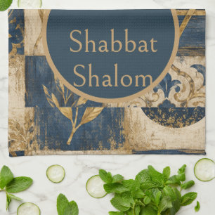 Shabbat Shalom Kitchen Towel, Navy Blue Gold Jews Tea Towel