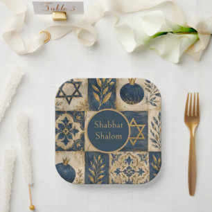 Shabbat Shalom Paper Plate, Navy Blue Gold Judaica Plate