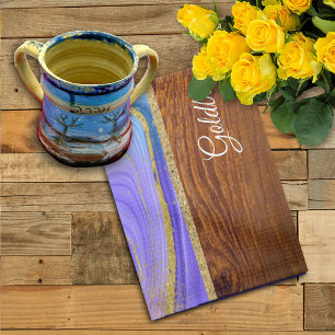 Shabbat Shalom Purple Teal Marble on Wood Effect Tea Towel