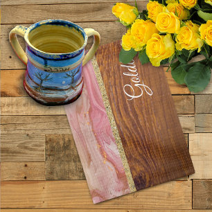 Shabbat Shalom Red Marble on Wood Effect Tea Towel