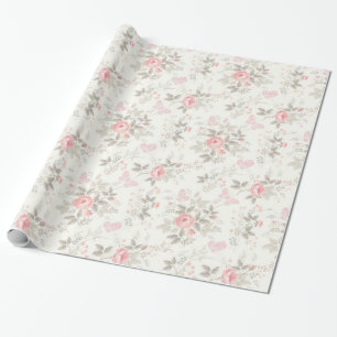 Shabby Antique Pink Roses Ivory Taupe Wrapping Paper