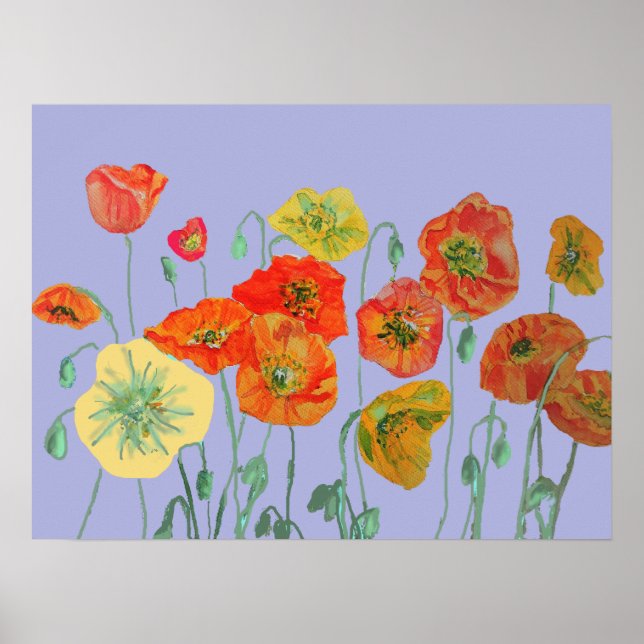 Shabby Aqua Orange Red Watercolor Lavender Poppy Poster (Front)