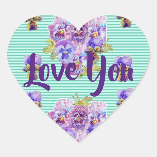 Shabby Aqua Turquoise Stripe flowers floral Love Heart Sticker (Front)