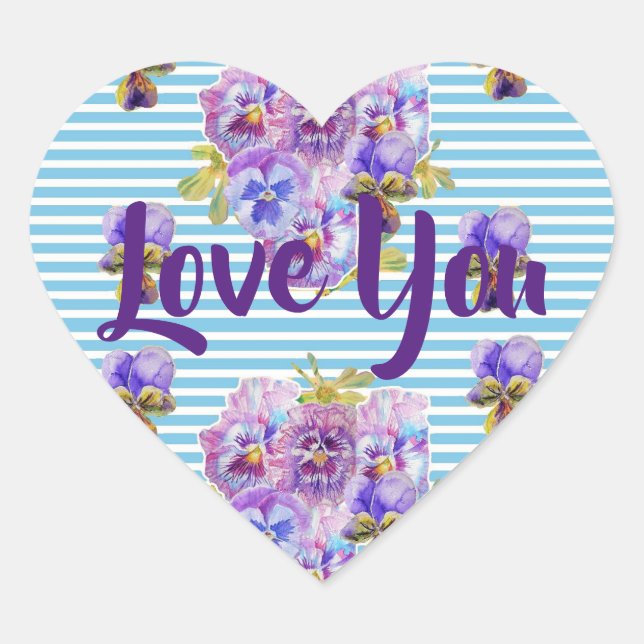 Shabby Baby Blue Stripe flowers floral Love Heart Heart Sticker (Front)