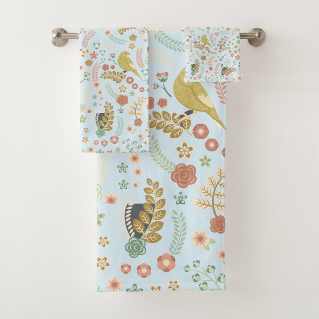 Shabby Birds & Branches Blue Bath Towel Set (Insitu)