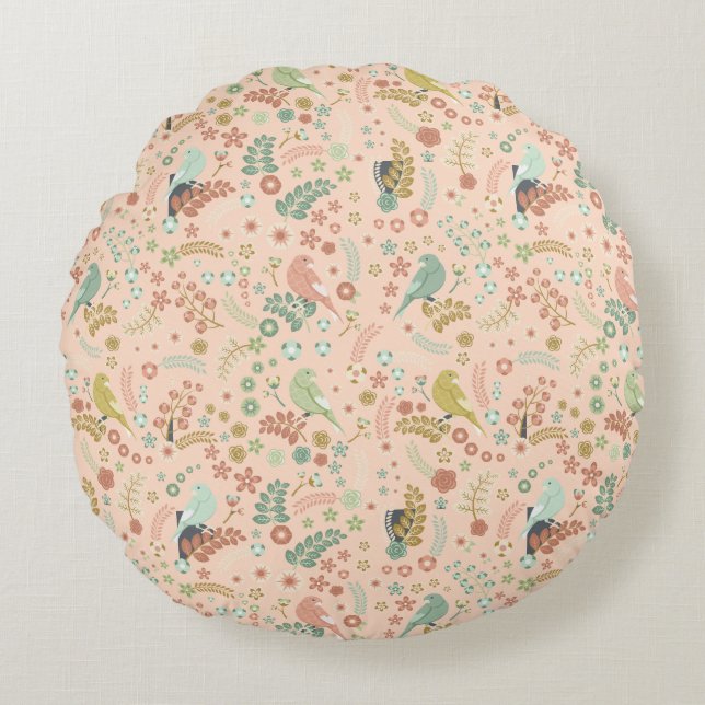 Shabby Birds & Branches Pastel Salmon  Round Cushion (Front)