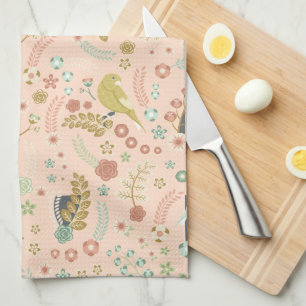 Shabby Birds & Branches Pastel Salmon Tea Towel