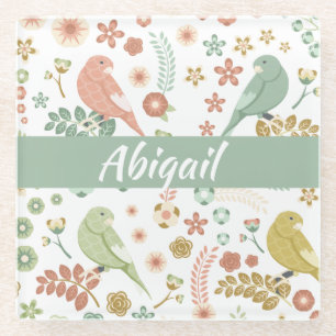 Shabby Birds & Branches Personalised Glass Coaster