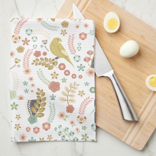Shabby Birds & Branches White  Tea Towel (Quarter Fold)