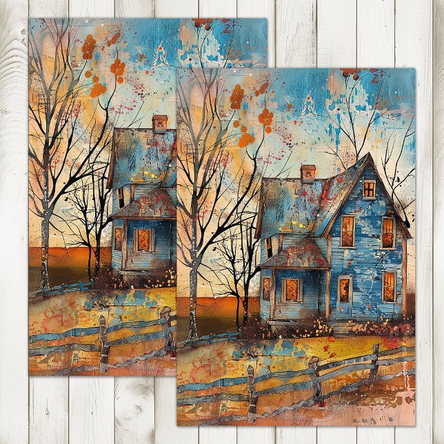 SHABBY BLUE FARMHOUSE IN AUTUMN DECOUPAGE TISSUE PAPER (SHABBY BLUE FARMHOUSE IN AUTUMN DECOUPAGE TISSUE PAPER)