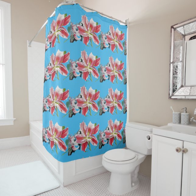 Shabby Blue Red Lily flowers floral Shower Curtain (In Situ)
