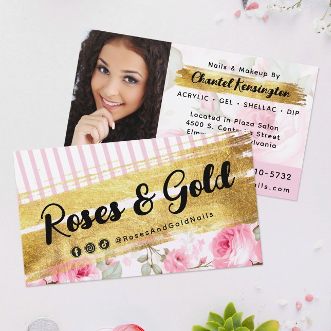 Shabby Blush Watercolor Roses & Gold Social Photo Business Card (Creator Uploaded)