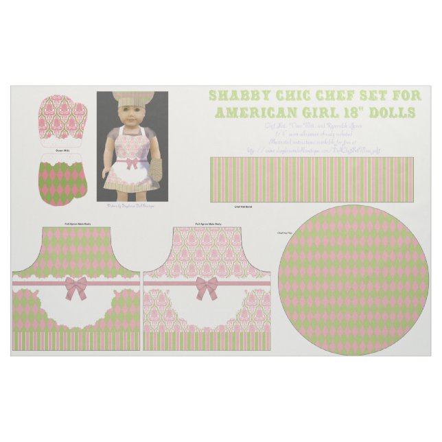 Shabby Chic 18" Doll Cut & Sew Chef Set Pink Green Fabric (Fat Quarter)