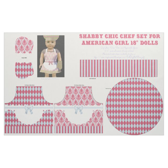Shabby Chic 18" Doll Cut & Sew Chef Set Rose Blue Fabric (Fat Quarter)