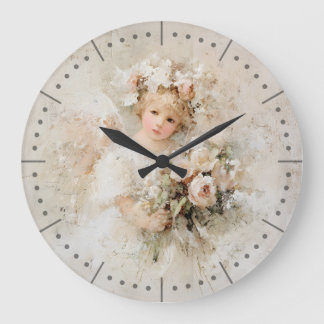 Shabby Chic Angel With Romantic Blush Roses Large Clock