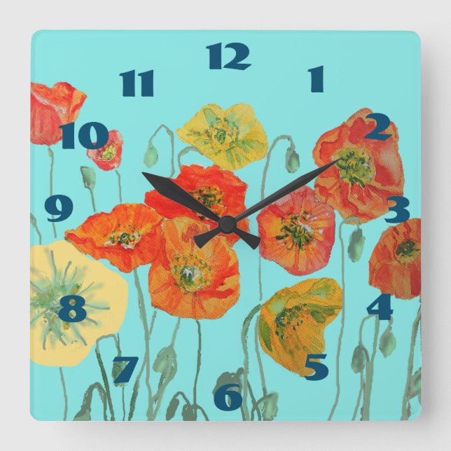 Shabby Chic Aqua Poppies Poppy Floral Room Clock (Front)
