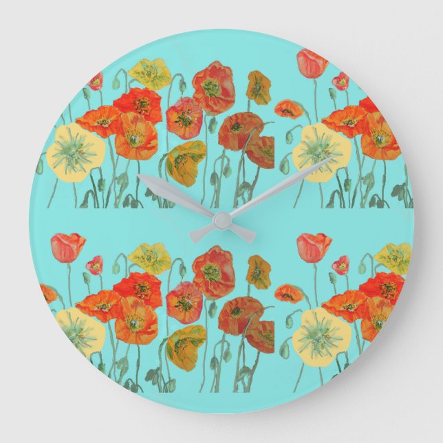 Shabby Chic Aqua Poppy Flowers Art Wall Clock (Front)