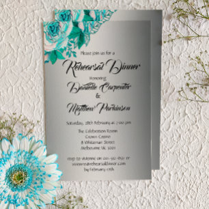 Shabby-Chic Aqua Roses on Silver Wedding Rehearsal Invitation