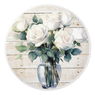 Shabby Chic Beach White Wood With White Roses Ceramic Knob