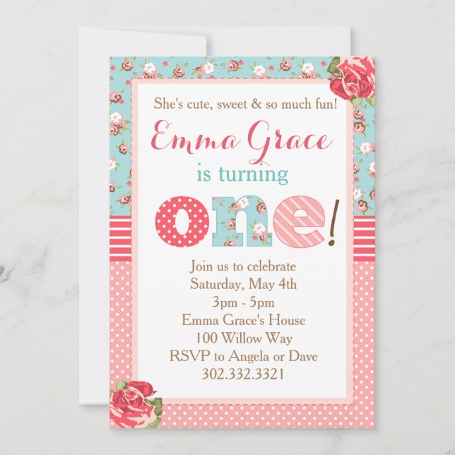 Shabby Chic Birthday First Birthday Invitation (Front)
