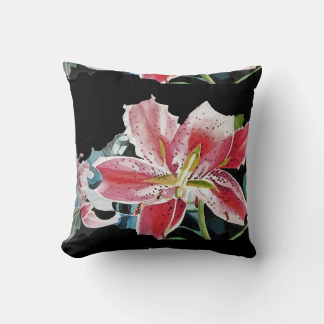 Shabby Chic Black Lily Floral Flowers Cushion (Front)