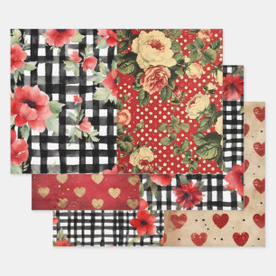 Shabby Chic Black & White Plaid Red Heart Mix Wrapping Paper Sheet