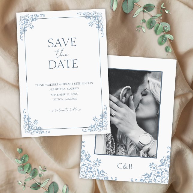 Shabby Chic Blue and White Minimal Save the Date Invitation (Elegant blue and white save the date for wedding announcement with photo, minimalist monogram theme)
