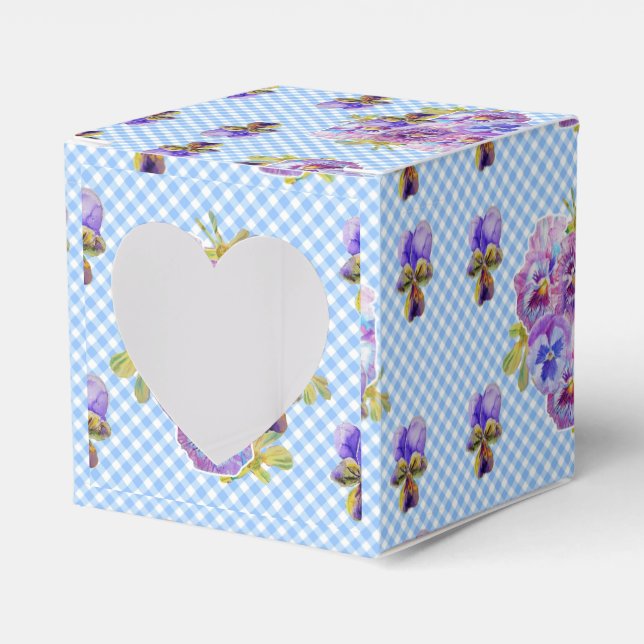 Shabby Chic Blue Gingham Pansy Floral Cake Favour  Box (Front Side)