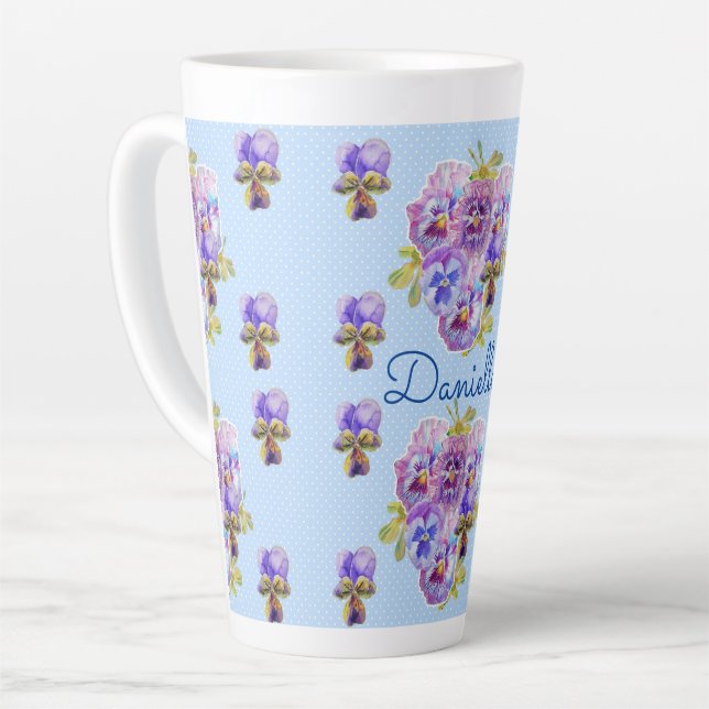 Shabby Chic Blue Pansy Floral Polka Dot Mug (Left Angle)