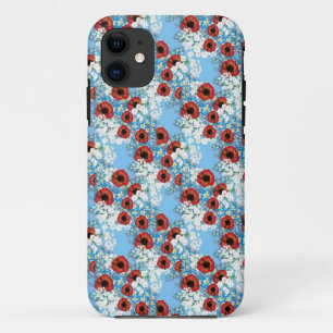 Shabby chic blue red floral flower print by LeahG iPhone 11 Case