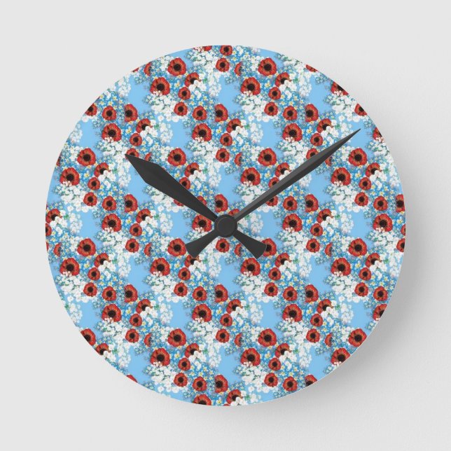 Shabby chic blue red floral flower print by LeahG Round Clock (Front)