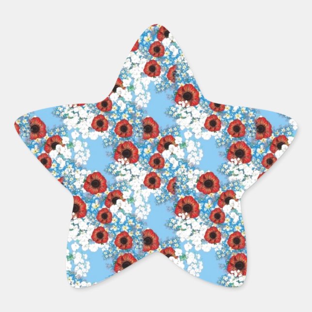 Shabby chic blue red floral flower print by LeahG Star Sticker (Front)