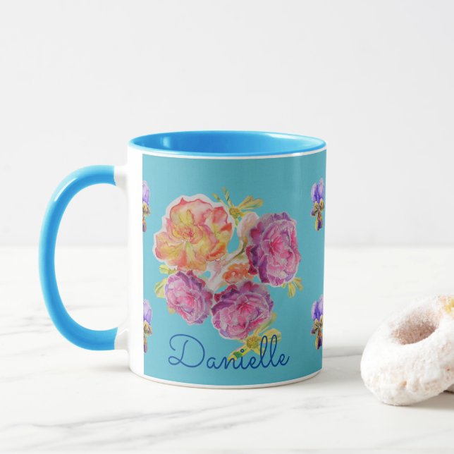 Shabby Chic Blue Rose Floral Viola Flower Mug (With Donut)