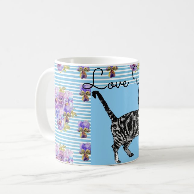 Shabby Chic Blue Stripe Tabby Cat Love Heart Coffee Mug (Front Left)