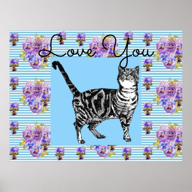 Shabby Chic Blue Stripe Tabby Cat Love Heart Poster (Front)