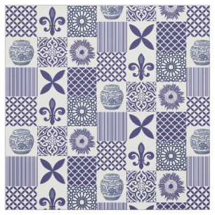 Shabby Chic Blue White Sunflower Geometric Pattern Fabric