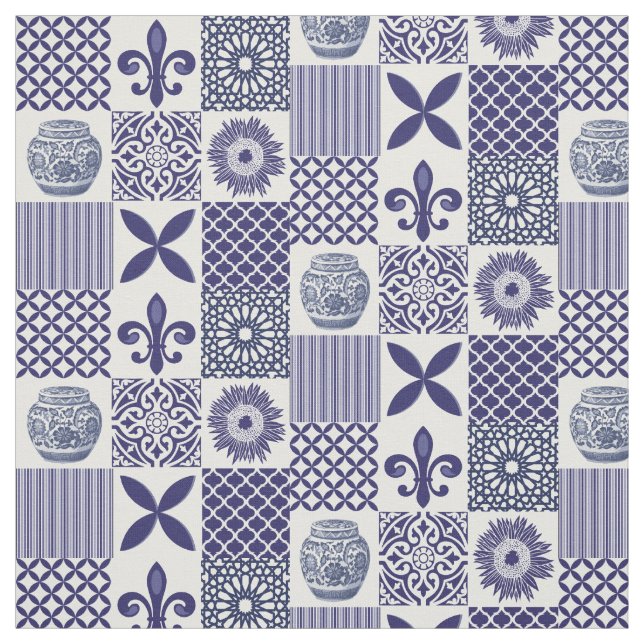 Shabby Chic Blue White Sunflower Geometric Pattern Fabric (Swatch)
